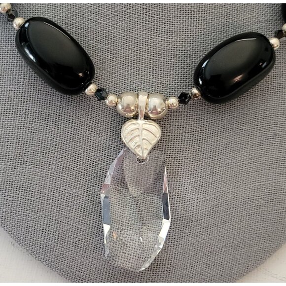 Sterling Silver Black Onyx Clear Geometrical Crystal Pendant Necklace E872 - Picture 3 of 16